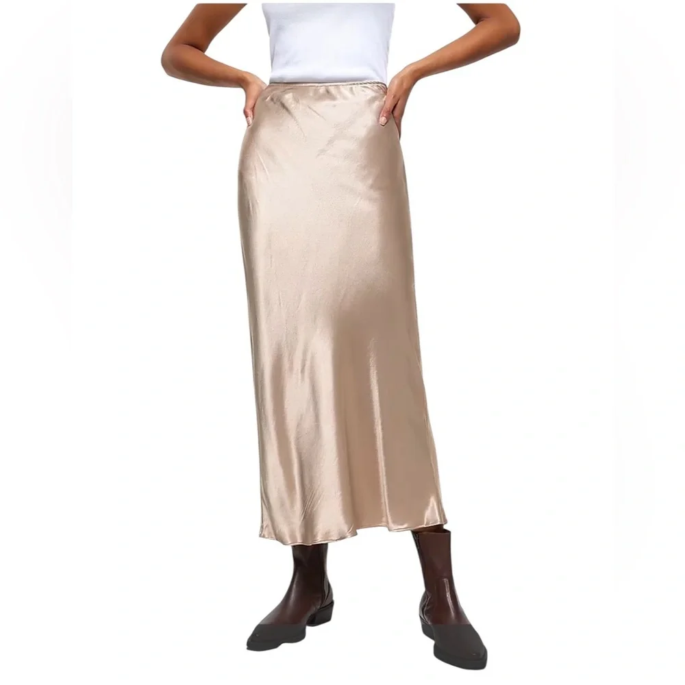 NWT‎ River Island Women’s Gold Satin Midi Skirt Bias Cut British
